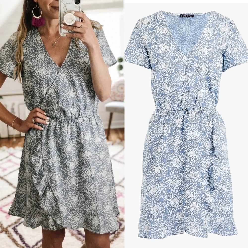 J. Crew Mercantile Wrap Dress Women XXS Blue Floral Cotton‎ Coastal Cottagecore